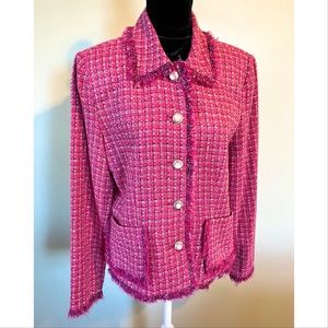 🍒2/$25 Pink tweed fringe jacket, button up plaid blazer by Carol Anderson